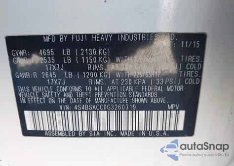 2016 Subaru Outback 2.5I Premium from USA, damaged, VIN 4S4BSACC0G3260319